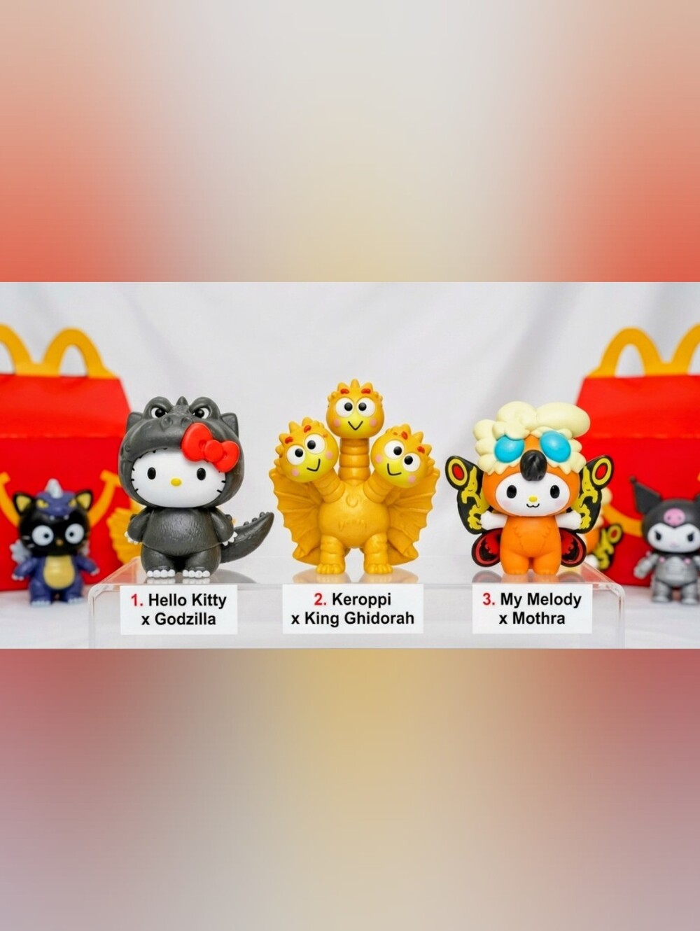 Hello Kitty x Godzilla (#1), Keroppi x King Gholdorah (#2), and My Melody x Moth